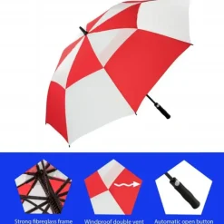 Windproof Golf Umbrellas|Golf Umbrellas-Umbrella Heaven Premium Red & White Golf Umbrella – Vented – Windproof – Auto-Open