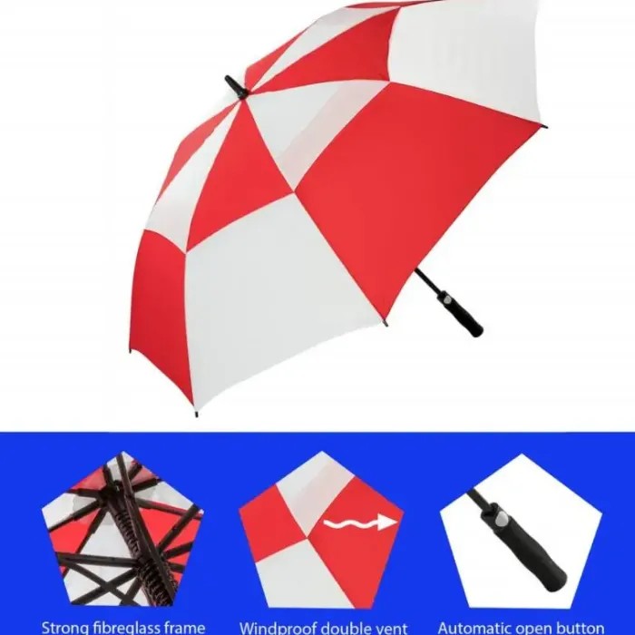 Windproof Golf Umbrellas|Golf Umbrellas-Umbrella Heaven Premium Red & White Golf Umbrella – Vented – Windproof – Auto-Open